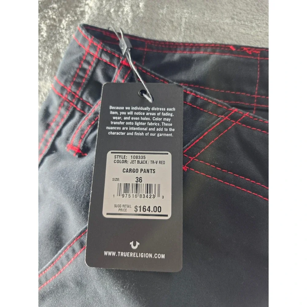 NWT True Religion Balloon Cargo Pants Men Size 36 Black Red Contrast Stitch Y2K